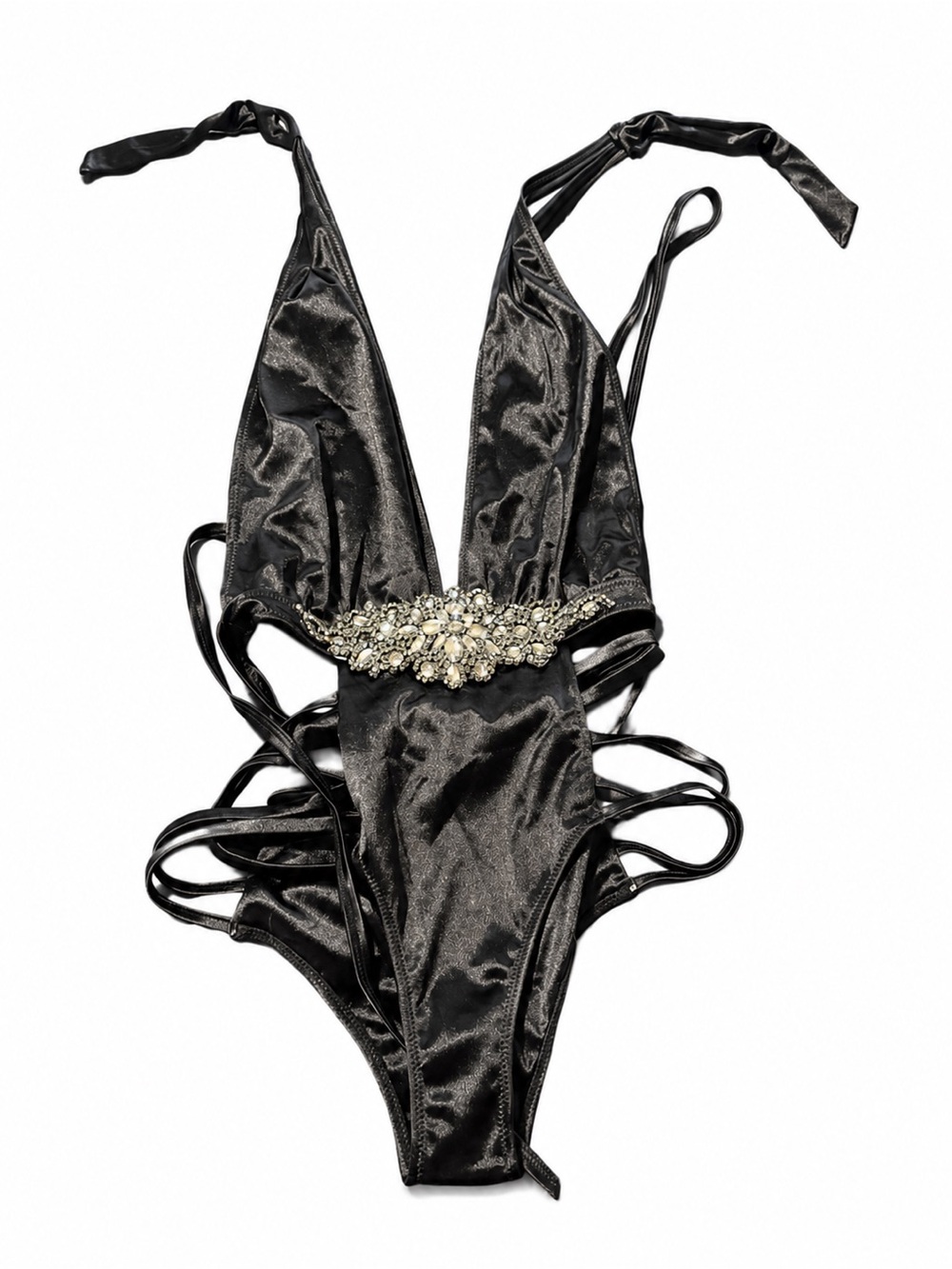 SHEIN Black Satin Plunge One-Piece with Crystal Waist Embellishment